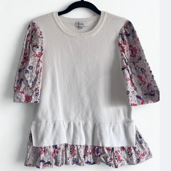 Fate Tops - Fate Floral Sleeve Faux Layered Sweater Blouse 100% Cotton Size Small